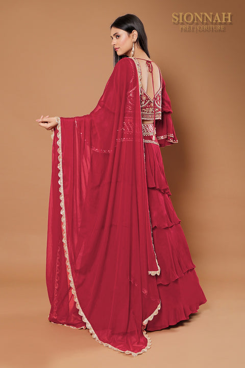 Maroon multi layered skirt set.