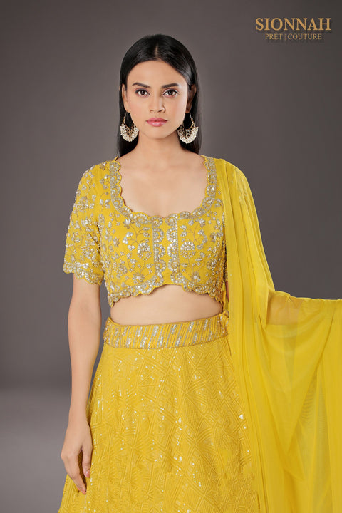 olive green layered textured fabric skirt crop top and dupatta.