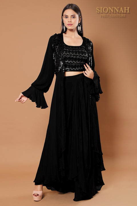 Black flared sleeves draped skirt set.