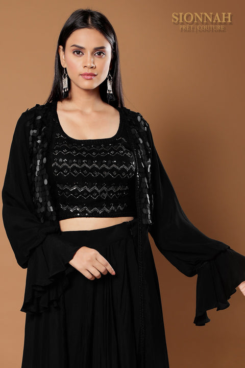 Black flared sleeves draped skirt set.