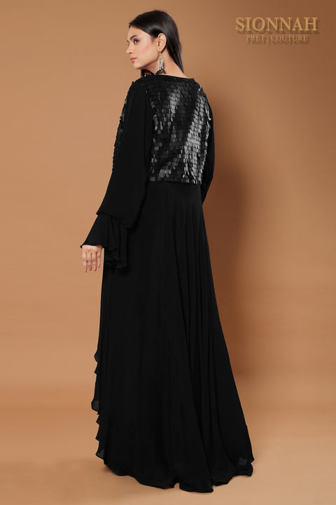 Black flared sleeves draped skirt set.